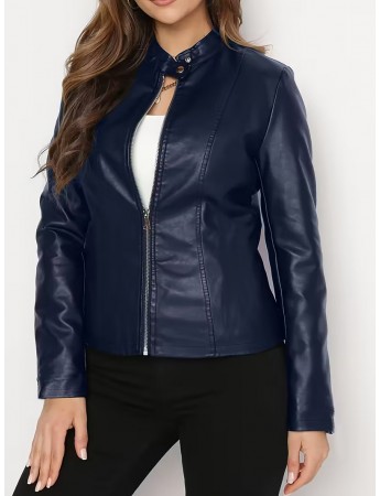 Deri Ceket - Lacivert Tam Fermuarlı Uzun Kollu Motosiklet Montu&hellip;