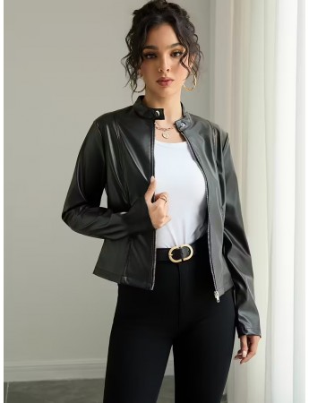 Deri Ceket - Tam Fermuarlı Uzun Kollu Motosiklet Montu, Dik Yaka&hellip;