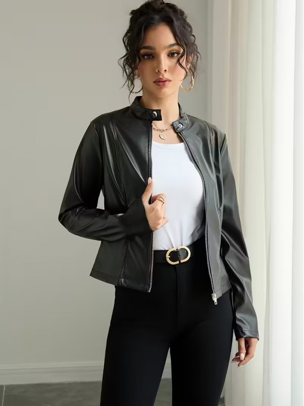 Deri Ceket - Tam Fermuarlı Uzun Kollu Motosiklet Montu, Dik Yaka&hellip;