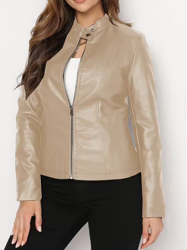  Deri Ceket - Haki Tam Fermuarlı Uzun Kollu Motosiklet Montu&hellip;