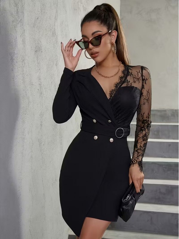  Asimetrik Yaka, Uzun Kollu, Fermuar Detaylı Siyah Elbise&hellip;