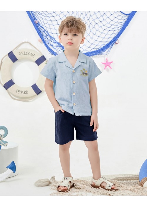 CARETOO Toddler Boy Summer Outfits Short Sleeve Button Down Shirt Tops & Khaki Casual Shorts Sets Baby 12Months-5T Clothes